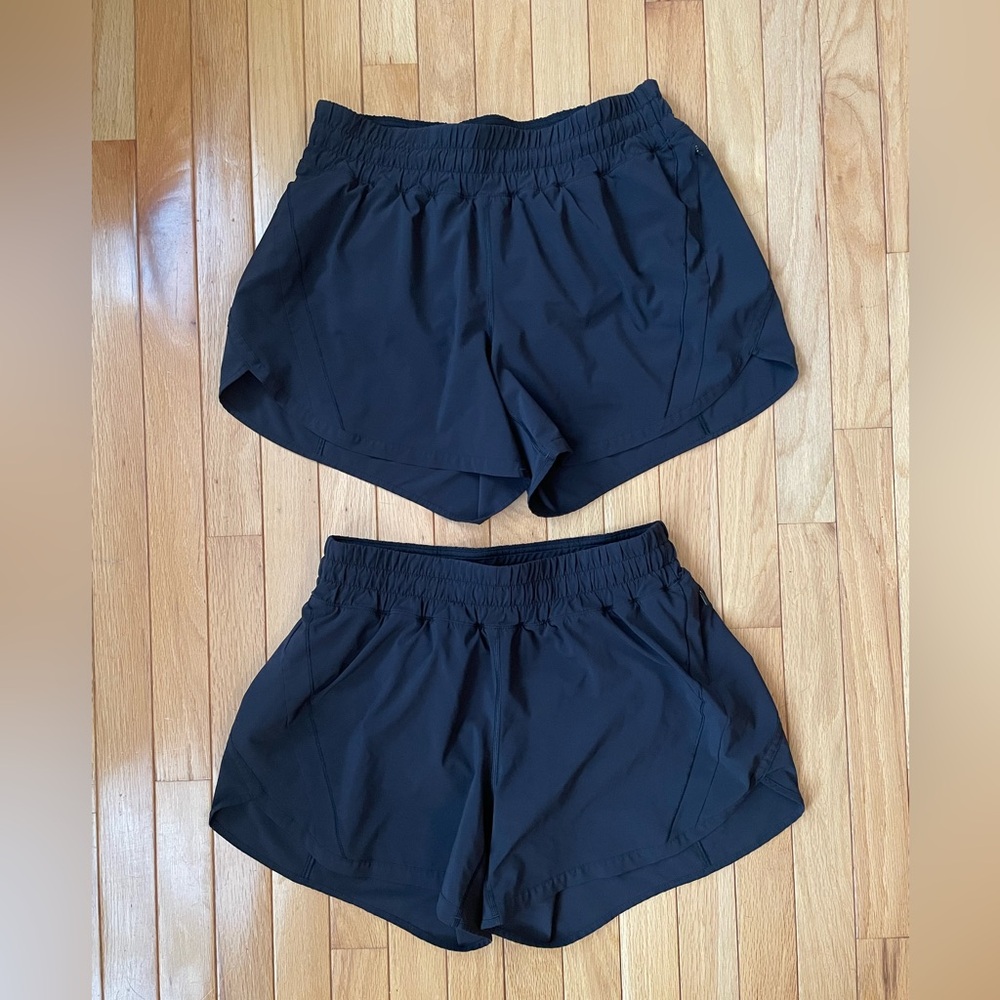 Lululemon track that high rise 5” shorts. Size 10. 2 black pair